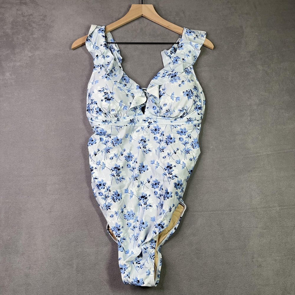 A Pea in the Pod One Piece Swimsuit Women‎ L Blue Floral Ruffle Lace Up Back NWT